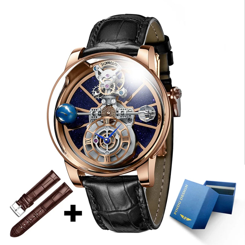 indu Design Mens Watches Theme Celestial Roulette Watch Convex Mirror Clear Design Water Resistant Leather Jacob Co Men'S Watch